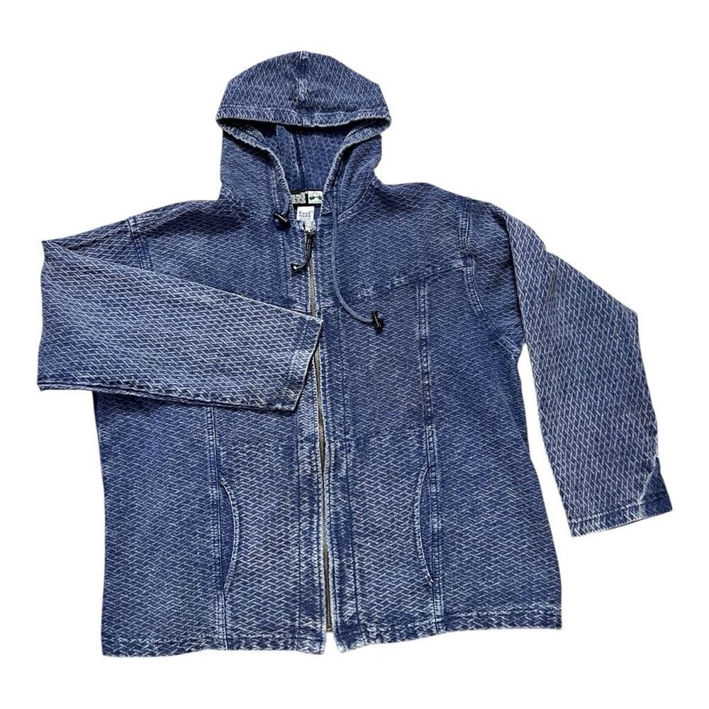 Ezze Wear Blue Denim Jacket Women Size XL Textured Hooded Cotton Front Zipper